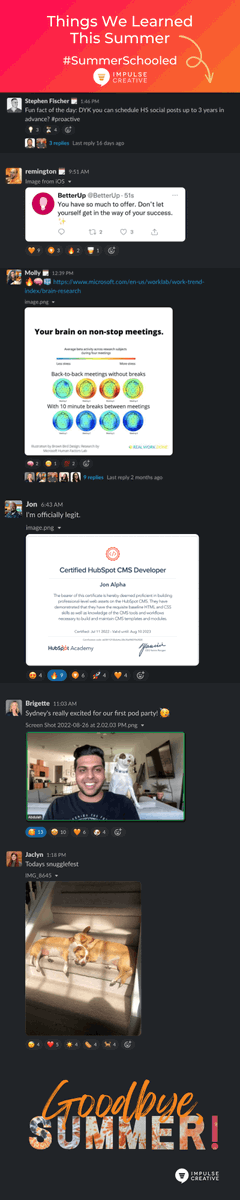 impulsecreative's tweet photo. Summer officially draws to a close with #LaborDay. As we say goodbye, we wanted to look back on some of the best submissions in our Slack channels that helped us learn, made us laugh and definitely prompted a few "awwwws."
#growsmarter #learnup #wayfinder https://t.co/gdRkODCT5W