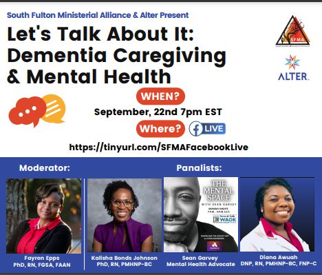 Inspirational Friday! 

Join our panel on 9/22 in partnership with South Fulton Ministerial Alliance. We will be talking about dementia caregiving and mental health. 

The link: 
tinyurl.com/SFMAFacebookLi…

#atlerdementia #mentalhealth #caregiving #Alz #supportdementia