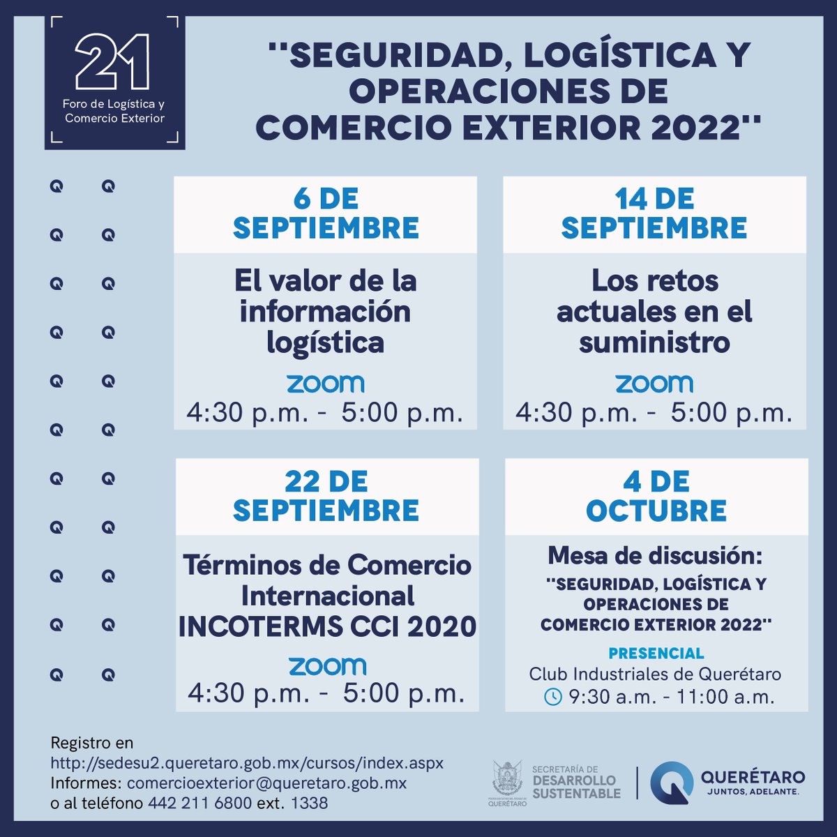 SEDESUQro's tweet photo. En este #LunesDePyMEs te invitamos a participar en la edición 21 del Foro de Logística y Comercio Exterior, regístrate en: https://t.co/pECdYWH7Ig #JuntosAdelante https://t.co/HcCLR3W9tg