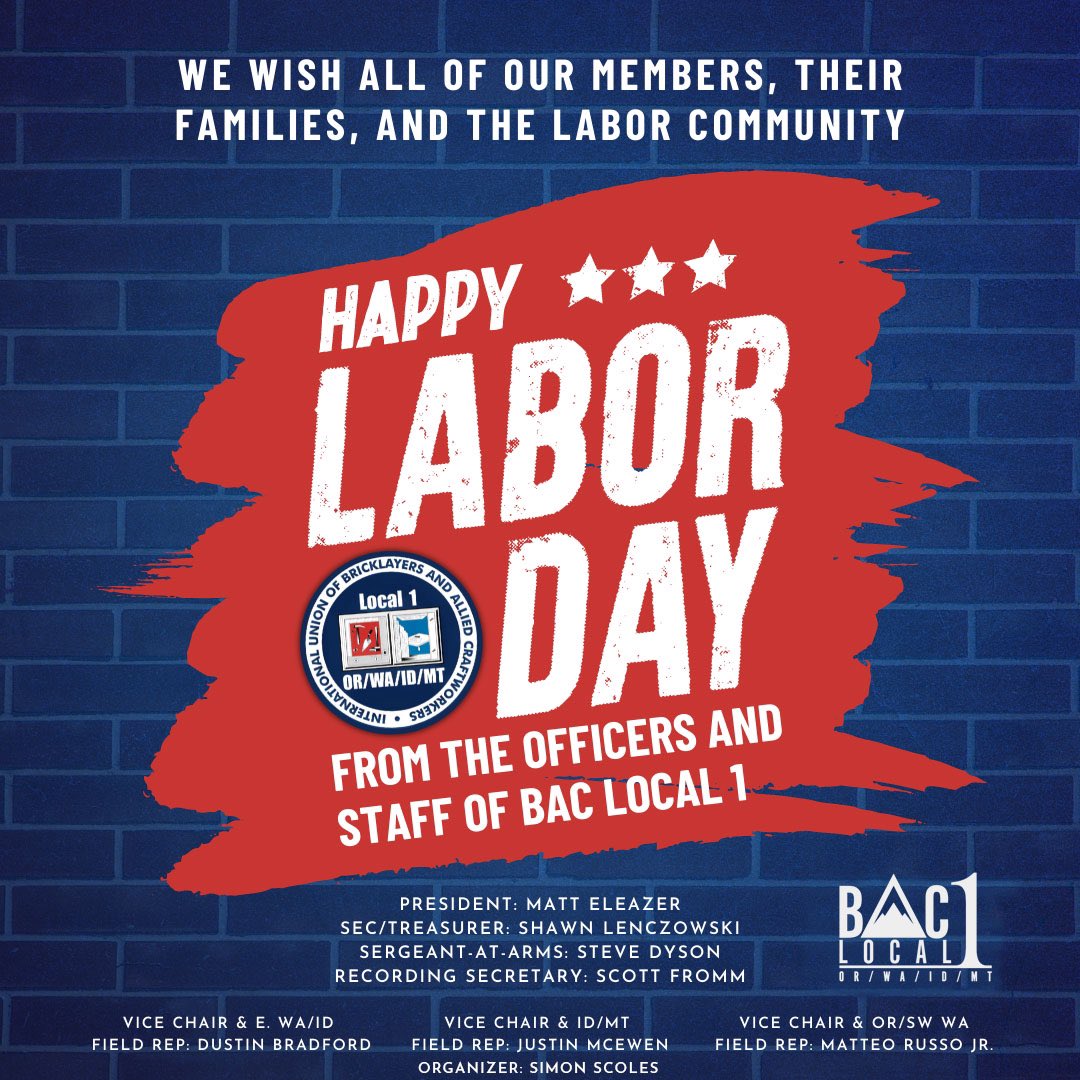 Bac1Oregon's tweet photo. Happy Labor Day to all the working class brothers and sisters out there.  Today is our day, rest, relax, and refresh! 

#unionstrong #bac1orwaidmt https://t.co/eGPgfOOEVo