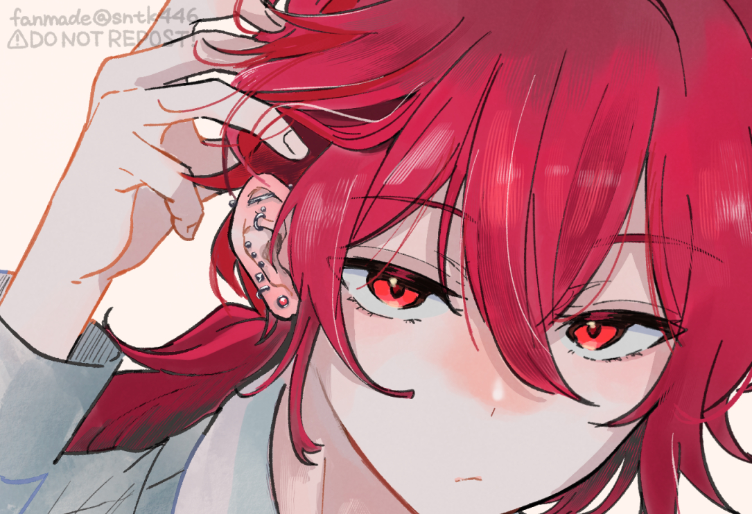 diluc (genshin impact) 1boy red hair male focus red eyes solo piercing bangs  illustration images