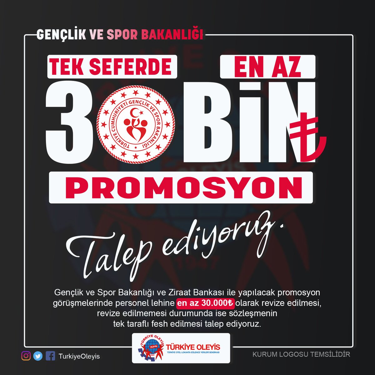 Sn. Bakanım <a href="/kasapoglu/">Dr. Mehmet Kasapoğlu</a>;
GSB Personelleri Ziraat Bankası ile yapılan Promosyon Yenilensin Istiyor. 3 yıllık En az 30 bin promosyon bekliyor. 

#GSByePromosyon30bin