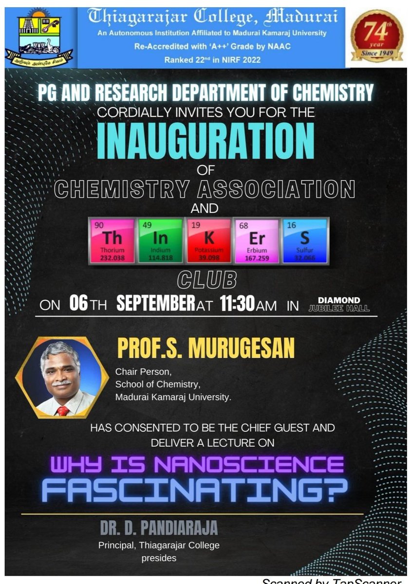 Thiagarajar_clg's tweet photo. #Thiagarajarcollege
Dept of #Chemistry invites for the inauguration of Chemistry Association followed by an invited lecture by Dr. Murugesan MKU on Nanosciences
Sept 6th, 11.30am
Diamond Jubilee hall
#nanoscience
#clubinauguration
#madurai
#artsandsciences
#bestcollege https://t.co/8gZQNClaqd