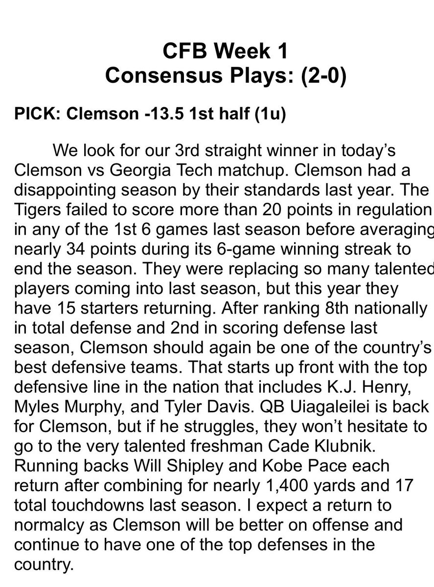 JayKrier's tweet photo. 🏈NCAA Consensus 9/5🏈

@rs_gbe @JayKrier 
@TheMoneyTrain25 

🔹Clemson 1st Half -13.5 https://t.co/VqzRN7uuMQ