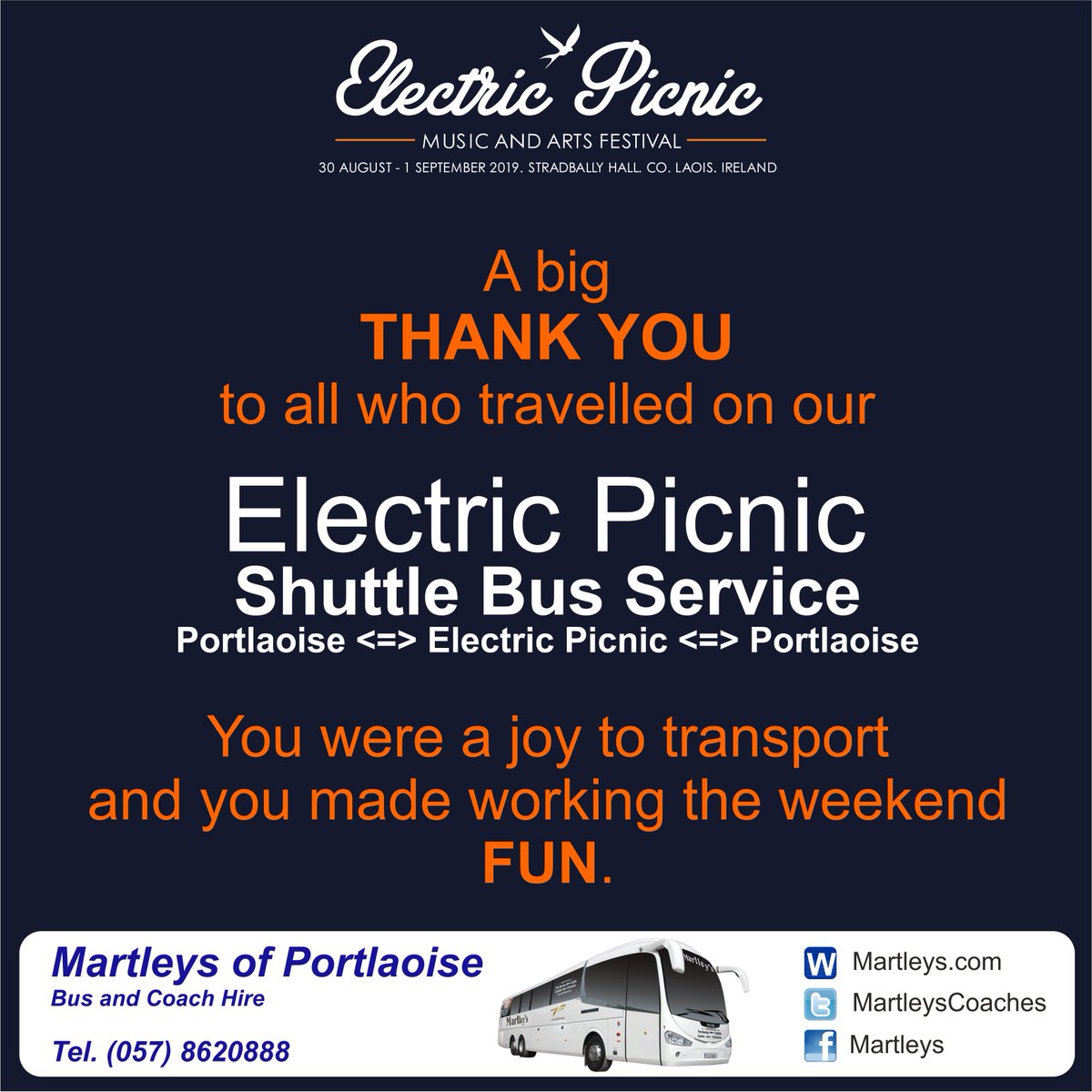 "A BIG Thank you" to all who travelled with us on our Shuttle Bus Service between Portlaoise and Electric Picnic.

#ep2022 #ep22 #electricpicnic #electricpicnic22 #laois #portlaoise #stradbally @laoisbusinesses