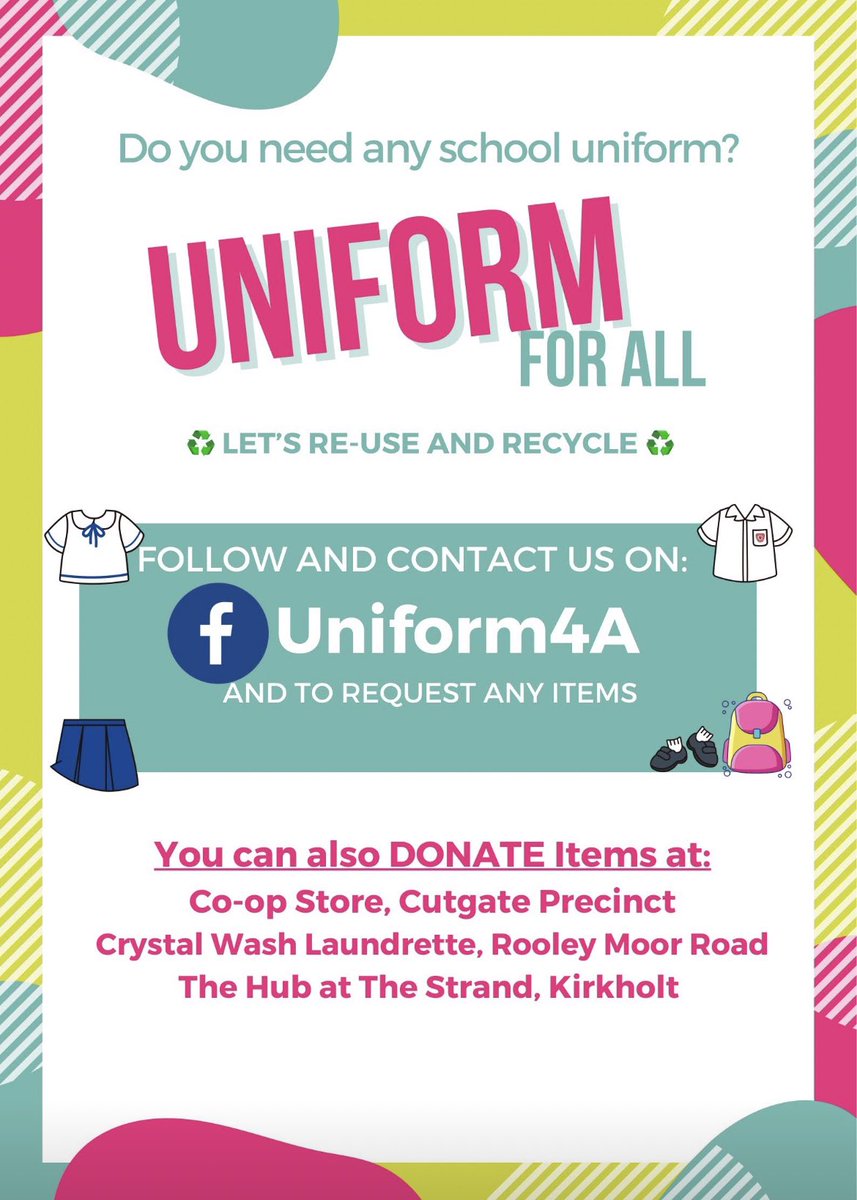 Families are struggling with the #CostOfLivingCrisis to clothe children in #schooluniform to start the new year👔
Let us help you in #Rochdale, #Heywood, #Middleton and the #Pennines🏫
Find us on Facebook at ‘Uniform For All’ where we recycle and reuse♻️ #SecondHandSeptember