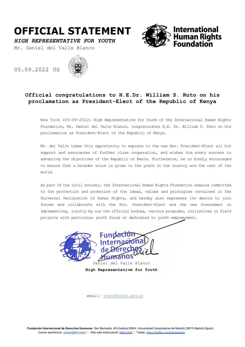danieldelvalle's tweet photo. As ‘rafiki’ of the Republic of #Kenya 🇰🇪 and its people, and admirer of its culture and history, today, together with my office and on behalf of the #IHRF (@Declaracion), I want to express my sincere congratulations to H.E. @WilliamsRuto, on his proclamation as President-Elect. https://t.co/g22vRewO2Y