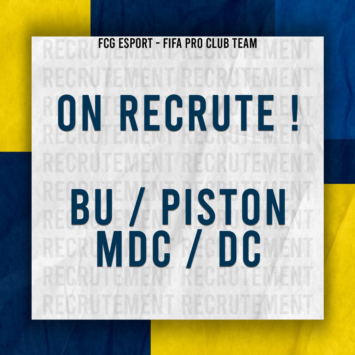 [#FIFA23 Pro Clubs]

Afin de préparer au mieux notre nouvelle saison dans la meilleure des compétitions Françaises, nous sommes à la recherche de joueurs aux postes suivants : BU / PISTON / MDC / DC
Expérience <a href="/eSportFA_FR/">ESPORT FOR ASSOCIATIONS</a> requise.

Merci de contacter notre GM <a href="/Chouket_23x/">Choukx_</a>