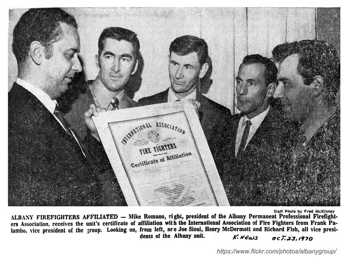 albanymuskrat's tweet photo. While much of Albany labor was unionized, the City of Albany was ferociously anti-Union. The 1st city union was @AlbanyFFs . Took abt 4 yrs, but by 1970 it was accepted. 1st president Mike Romano. (I was teen who street-petitioned for Union - we were firefighter family.) https://t.co/G3LV9aplsI