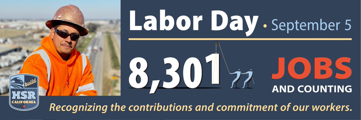 CaHSRA's tweet photo. A heartfelt, happy, &amp; hot #LaborDay from us to you.

And especially to the hardworking women &amp; men who are building the US’ first HSR system. So far, >8,300 jobs have been created.

One day is not enough. So, we’ll be posting about them all #LaborWeek! #BuildHSR @CA_Bldg_Trades https://t.co/Y7ZbilMfPo