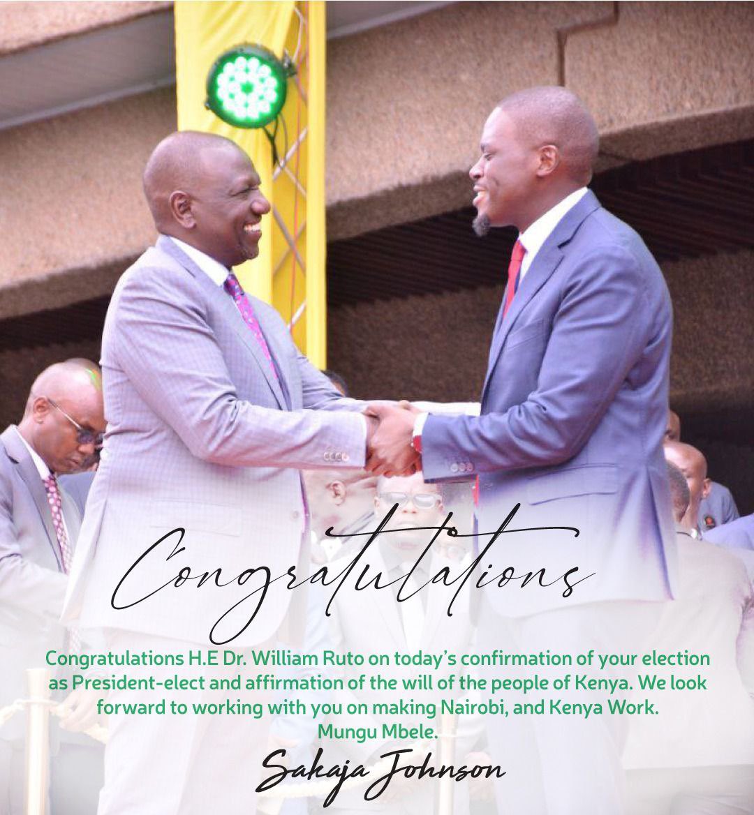 SakajaJohnson's tweet photo. Congratulations our President @WilliamsRuto. You are the embodiment of possibility. @RailaOdinga we honor you for all you’ve done for Kenya. We have one country. Let’s protect and build it together. #LetsMakeKenyaWork https://t.co/HplP9ZrHnP