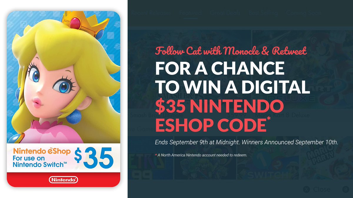 catwithmonocle's tweet photo. Retweet and follow @catwithmonocle for a chance to win a $35 digital Nintendo eShop (NA region) code for your #NintendoSwitch.

Ends 9/9 at midnight ET. https://t.co/30xkQU7ooc