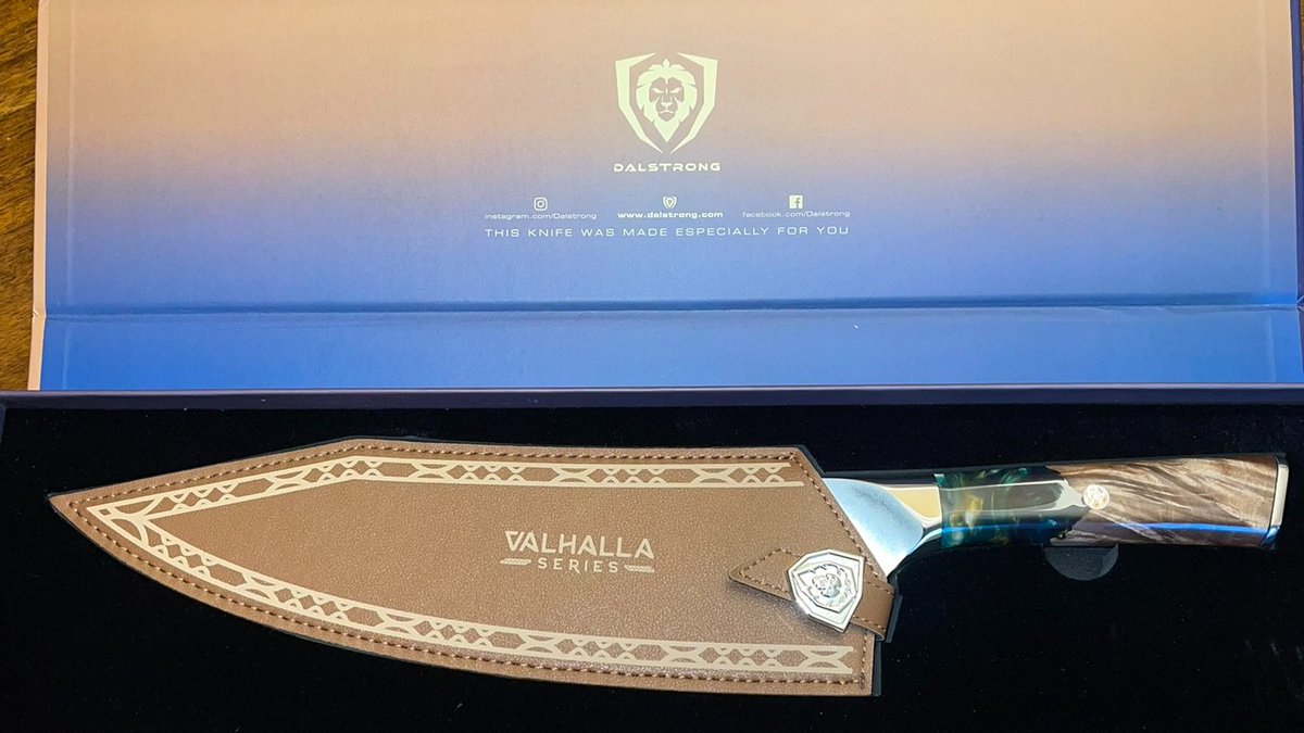 JoshsCookhouse's tweet photo. Received my @dalstrong 9.5" chef knife and I am obsessed with this Valhalla series! #dalstrong #valhallaseries #chefsknife #collectthemall https://t.co/iK3RcGQBGL