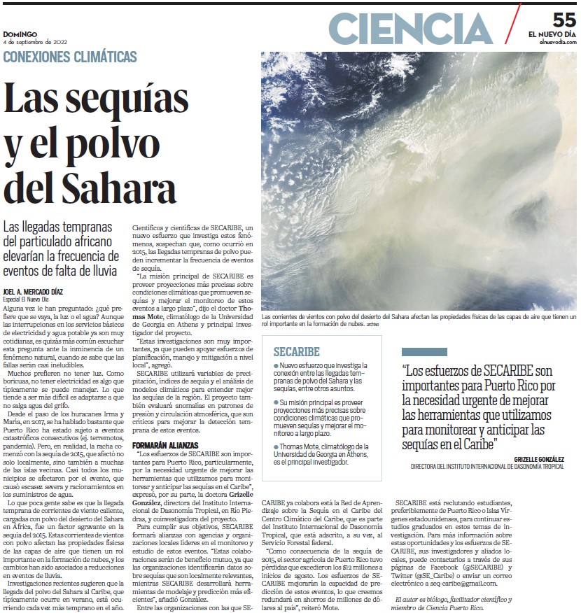 SECARIBE (@se_caribe) on Twitter photo ¡Felices por el artículo publicado ayer en el Nuevo Dia donde discutimos nuestro trabajo investigando las conexiones entre las sequías y el polvo del Sahara en PR! #secaribe #sequías #caribbeandroughts
<a href="/TLMote/">Thomas Mote</a> <a href="/craigramseyer/">Craig Ramseyer</a> <a href="/PaulMillerWx/">Paul Miller</a> <a href="/flaviamoraes/">Flávia Moraes</a> <a href="/CaribeHub/">Caribbean ClimateHub</a> <a href="/USFS_IITF/">International Institute of Tropical Forestry</a> ¡Felices por el artículo publicado ayer en el Nuevo Dia donde discutimos nuestro trabajo investigando las conexiones entre las sequías y el polvo del Sahara en PR! #secaribe #sequías #caribbeandroughts
<a href="/TLMote/">Thomas Mote</a> <a href="/craigramseyer/">Craig Ramseyer</a> <a href="/PaulMillerWx/">Paul Miller</a> <a href="/flaviamoraes/">Flávia Moraes</a> <a href="/CaribeHub/">Caribbean ClimateHub</a> <a href="/USFS_IITF/">International Institute of Tropical Forestry</a>