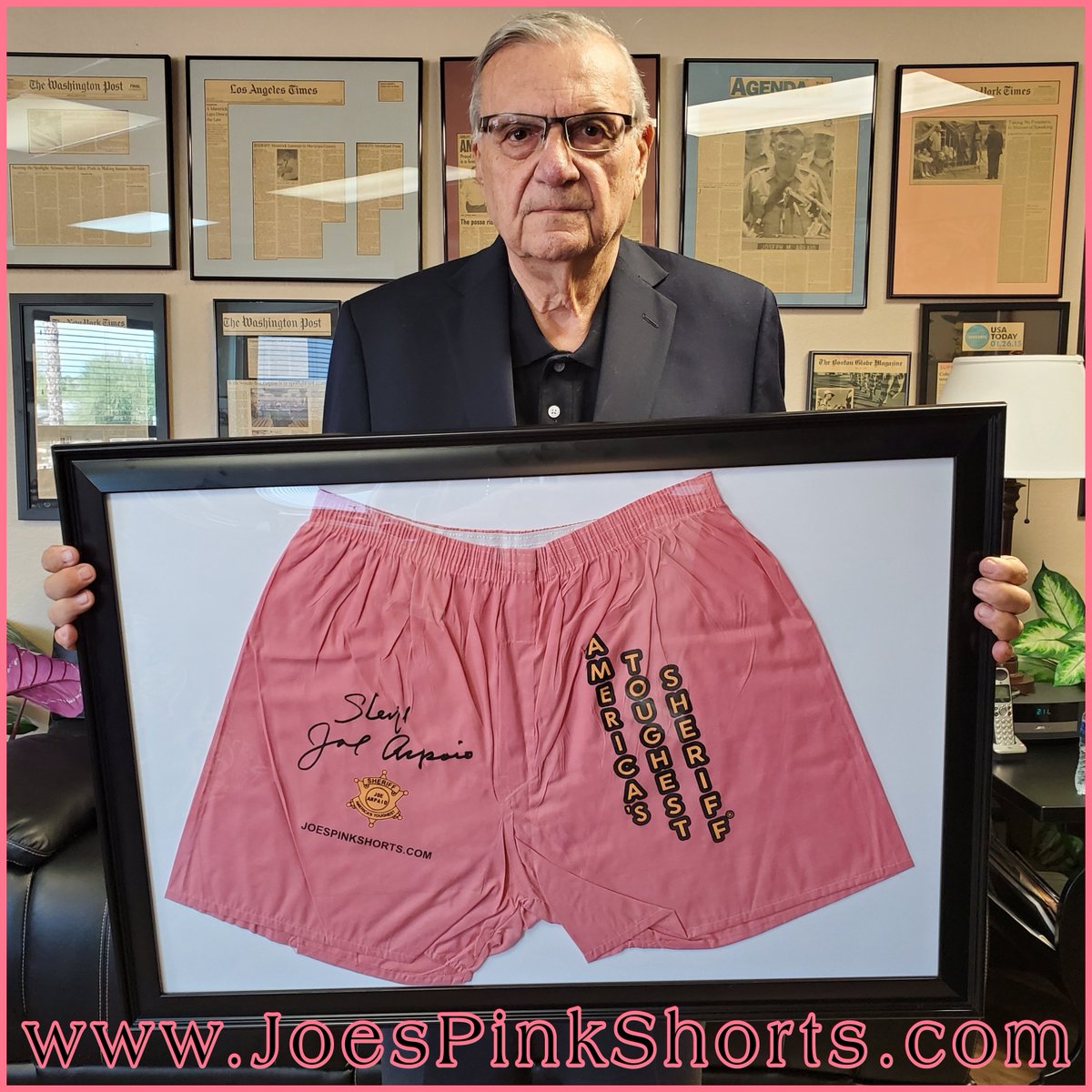 RealSheriffJoe's tweet photo. As America's Toughest Sheriff, I made my jail inmates wear pink underwear, which became a worldwide sensation and controversy. Now I'm selling my new limited-edition Pink Shorts to help raise money to support our cops. Please visit https://t.co/lF8t3QlM4P to help! Happy Labor Day https://t.co/HJ3PMqpfHn