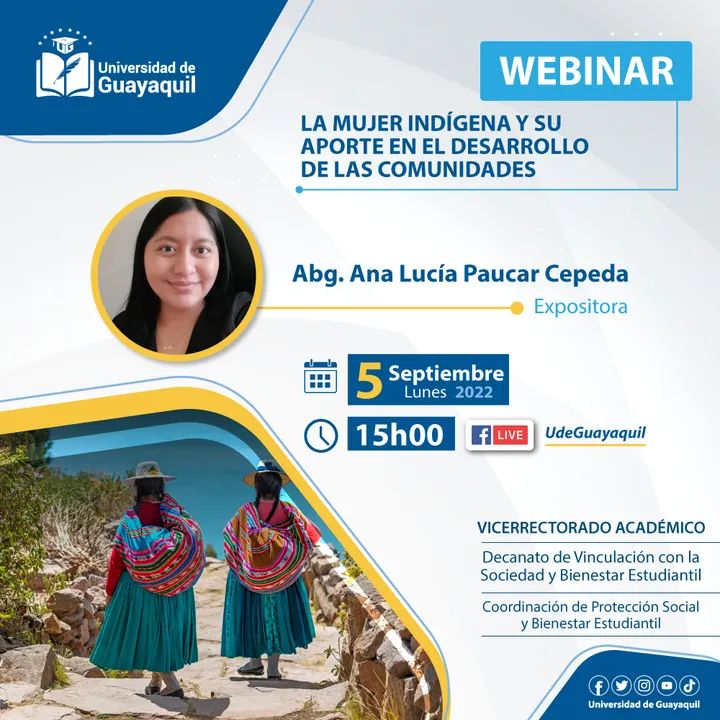 bienestarug's tweet photo. #WebinarUG 

"La mujer indígena y su aporte en el desarrollo de las comunidades", súmate al programa académico HOY desde las 15h00. https://t.co/T72zZ7Yb5z