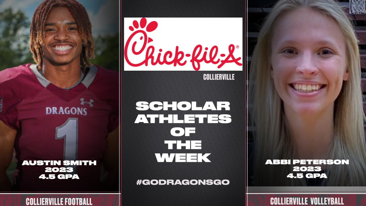 Congrats to our Chick-fil-A Scholar Athletes of the Week: Football's Austin Smith and Volleyball's Abbi Peterson. Smith scored a pair of TD's in Friday's 37-6 win over White Station. Peterson helped lead Volleyball to a 7-0 week. Both senior class leaders that carry a 4.5 GPA👊.