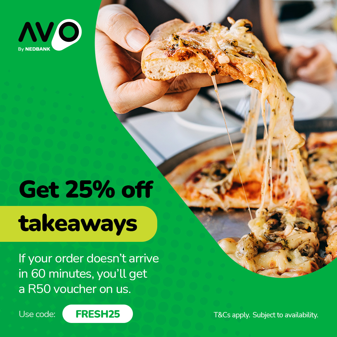 AvoSuperShop's tweet photo. FRESH25 gets you savings on your next takeaway order π±
Get a R100 takeaway voucher & redeem it in-store, and only pay R75. Use it to treat yourself to, burgers, pizza and more. Use FRESH25 at checkout. T&Cs apply. https://t.co/jjeB351H5G
#DoLifeDifferently π₯ https://t.co/FyeviY63lW