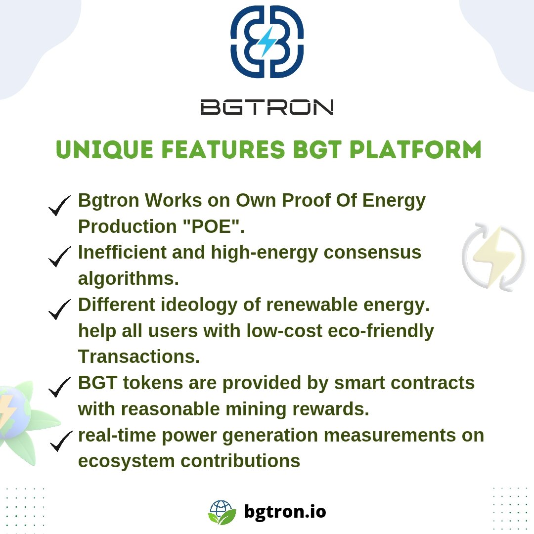 bgtronofficial's tweet photo. Unique Features of BGT Platform
🚀 https://t.co/L0JXeqY33E
@bgtronofficial
#bgtplatform #blockchain #renewableenergy #poe #pos #poa #ecofriendly #smartcontract #ecosystem #cryptotoken #bgt #bgtron #technology #Energy #bgttoken #greencrypto #energysector https://t.co/UrusE7CL2l