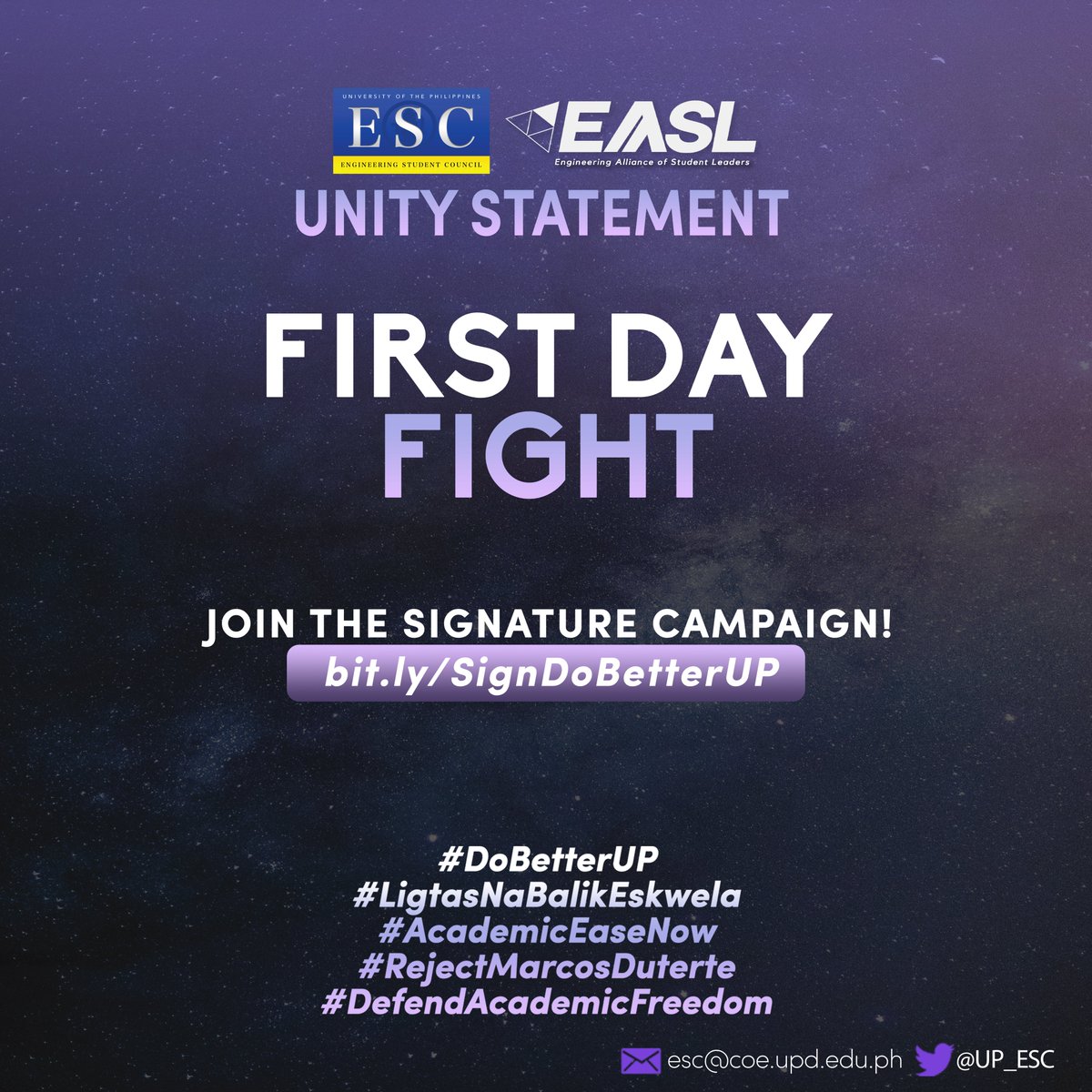 UP_ESC's tweet photo. [EASL UNITY STATEMENT ON THE FIRST DAY FIGHT MOBILIZATION]

Let the Engineering community be heard in our clamor towards the UP Administration!

To see the full statement, you may go to https://t.co/gF97yXOeXv https://t.co/zGFAGUcwUf