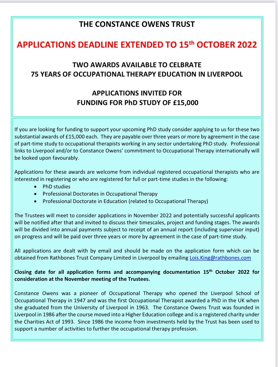 APPLICATION DEADLINE EXTENDED TO OCTOBER 15th 2022 for these research funding opportunities of £15,000 per person. @theRCOT @NW_RCOT