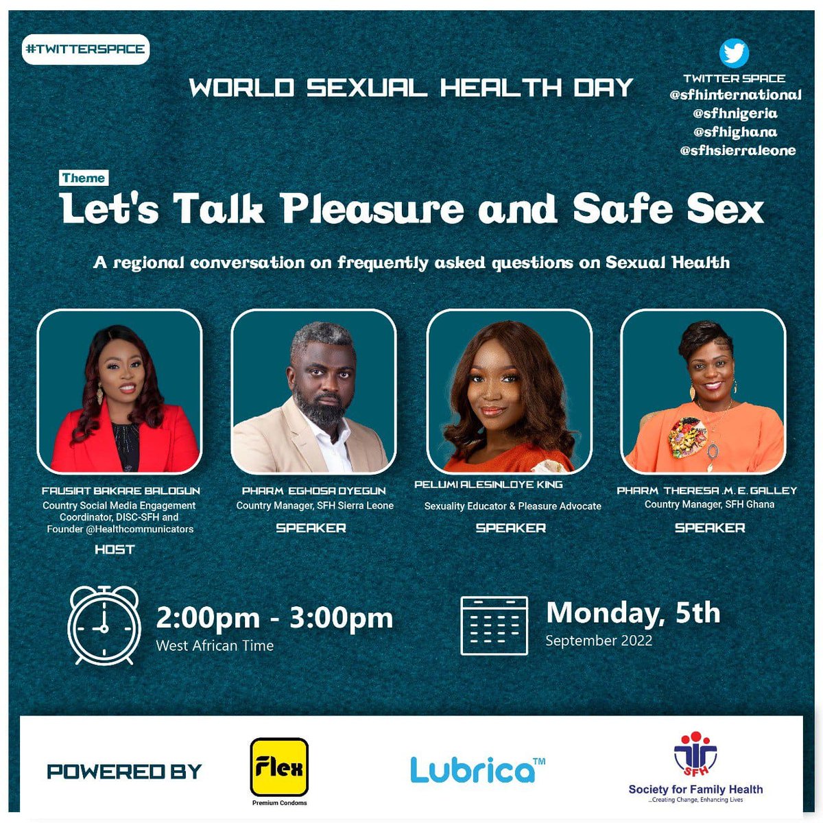𝗙𝗲𝘄 𝗺𝗶𝗻𝘂𝘁𝗲𝘀 𝘁𝗼 𝗴𝗼!!!
𝗦𝗲𝗲 𝘆𝗼𝘂 @𝟭:𝟬𝟬𝗽𝗺-𝟮:𝟬𝟬𝗽𝗺 𝗚𝗠𝗧
Topic: Let's talk about Pleasure and Safe Sex. 
 x.com/i/spaces/1MYGN…

Cc <a href="/SFHIntl/">SFHInternational</a> <a href="/sfhsierra/">sierra horton</a> <a href="/SFHIGhana/">SFH International Ghana</a> 

#IfEnobeFlexAbegForget 

Kindly RT.