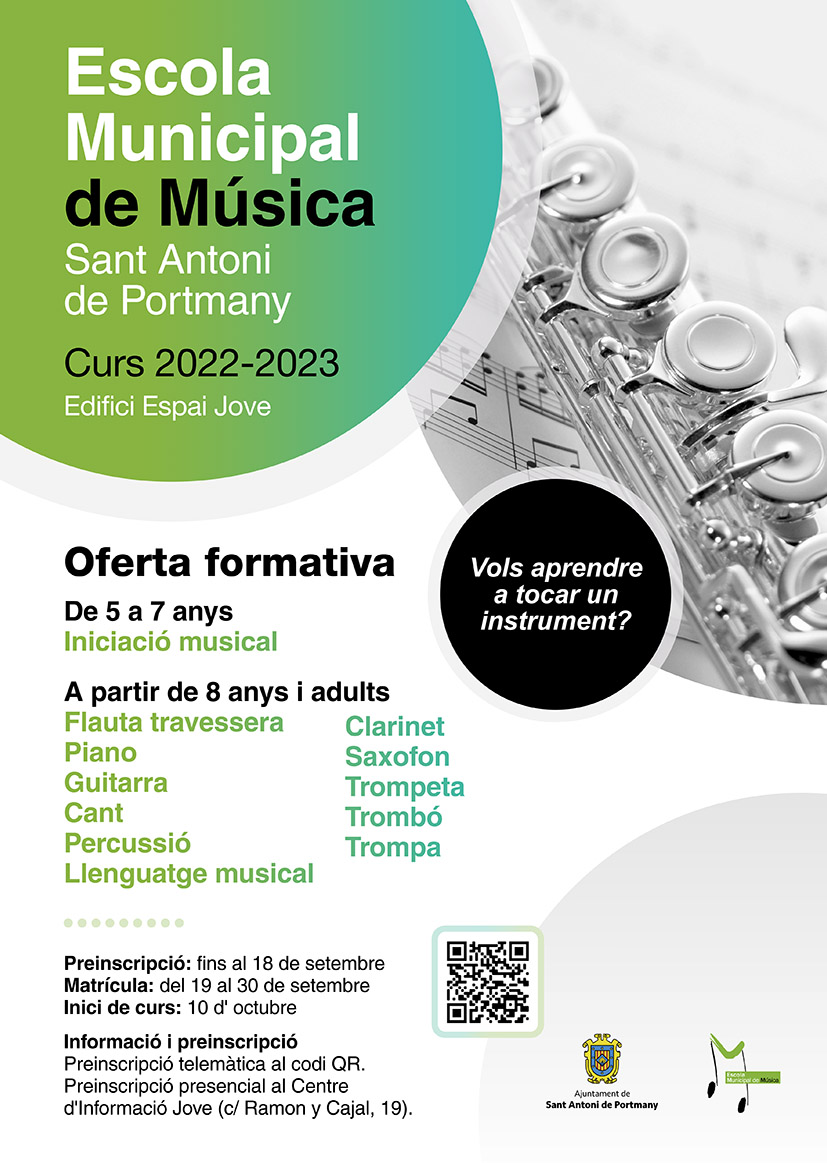 📣Obrim preinscripció per a l'Escola Municipal de Música
➡ Curs d’iniciació (5 a 7 anys)
➡Curs d’instrument i llenguatge musical  (a partir de 8 anys). A triar entre 10 instruments.
➡Podeu fer la preinscripció amb el codi QR del pòster o al web forms.office.com/r/x4za8vp2u7.