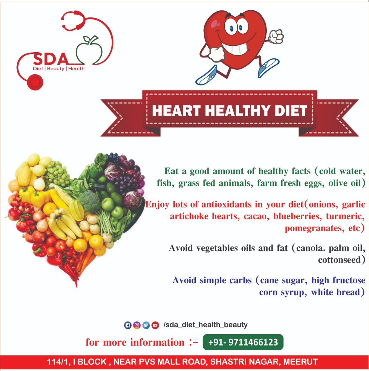 HealthSda's tweet photo. Heart Healthy Diet:
Eat a good amount of healthy fats 
Enjoy lots of antioxidants in your diet
Avoid Vegetable oils and fat
Avoid simple carbs
Get Expert Advice by #Dr_Sonal_Dhingra_Anand
call now : 09711466123
#SDA #Diet #Health  #nutrition #tips #Foods #Vegetables https://t.co/DjUhX0gBkq