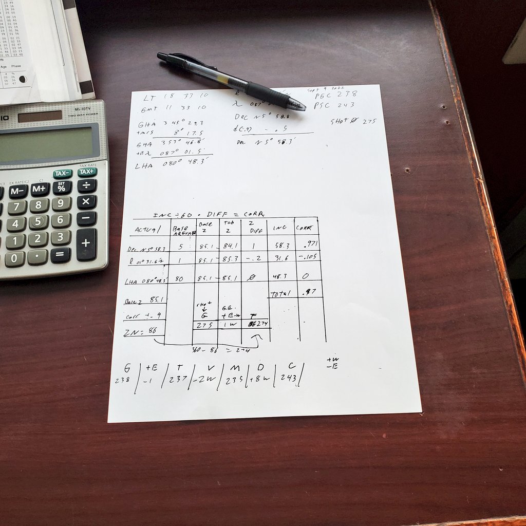 RedbeardILRCSAA's tweet image. After all that I find a gyro error of 1° W. Not bad. We shall add it to the Compass log. We don&apos;t use computer programs to find our solutions here. Think that&apos;s a lot of work...You should see star shots🤪 
(Last Pic here)

#Sailor #CelestialNavigation #3rdMate #PiratesLifeForMe