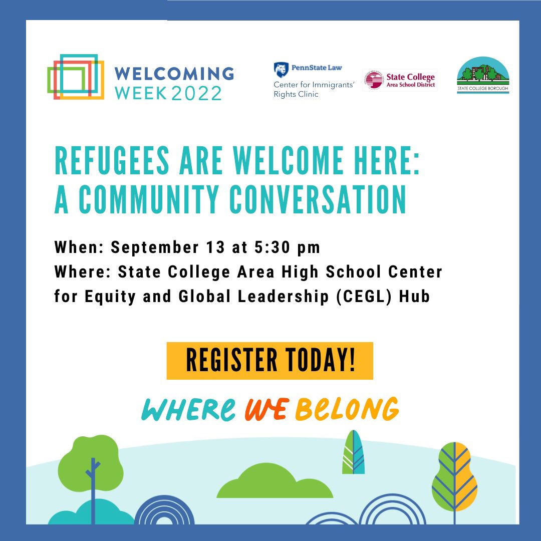 Registration is now open for an upcoming event 'Refugees are Welcome Here' September 13th at the State College High School. <a href="/SCASDequity/">SCASD Equity & Inclusivity</a> <a href="/State_CollegePA/">State College, PA</a> <a href="/PSLCt4ImmRights/">Penn State Law Center for Immigrants’ Rights</a> <a href="/WelcomingUSA/">Welcoming America</a>. #wherewebelong forms.office.com/Pages/Response…