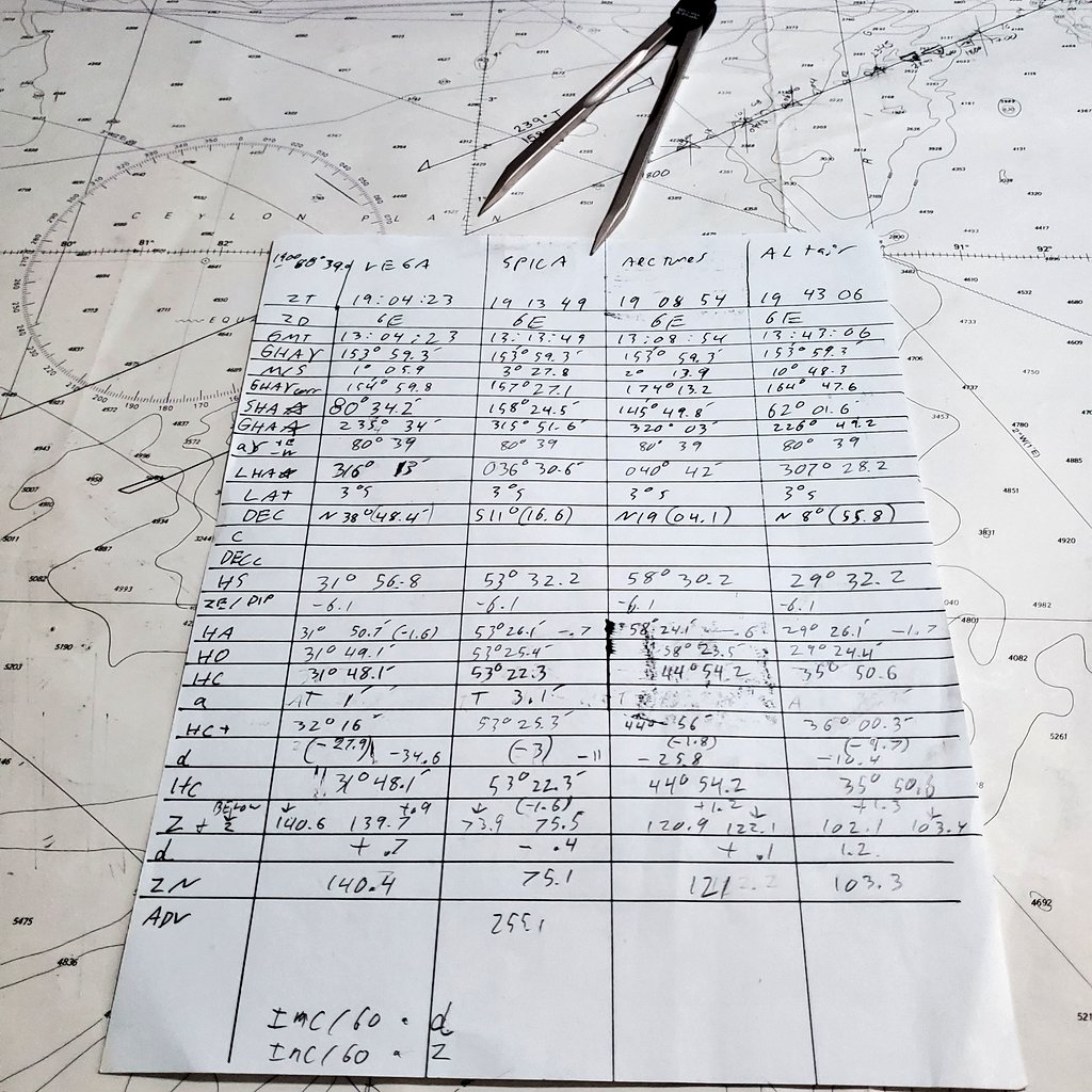 RedbeardILRCSAA's tweet image. After all that I find a gyro error of 1° W. Not bad. We shall add it to the Compass log. We don&apos;t use computer programs to find our solutions here. Think that&apos;s a lot of work...You should see star shots🤪 
(Last Pic here)

#Sailor #CelestialNavigation #3rdMate #PiratesLifeForMe