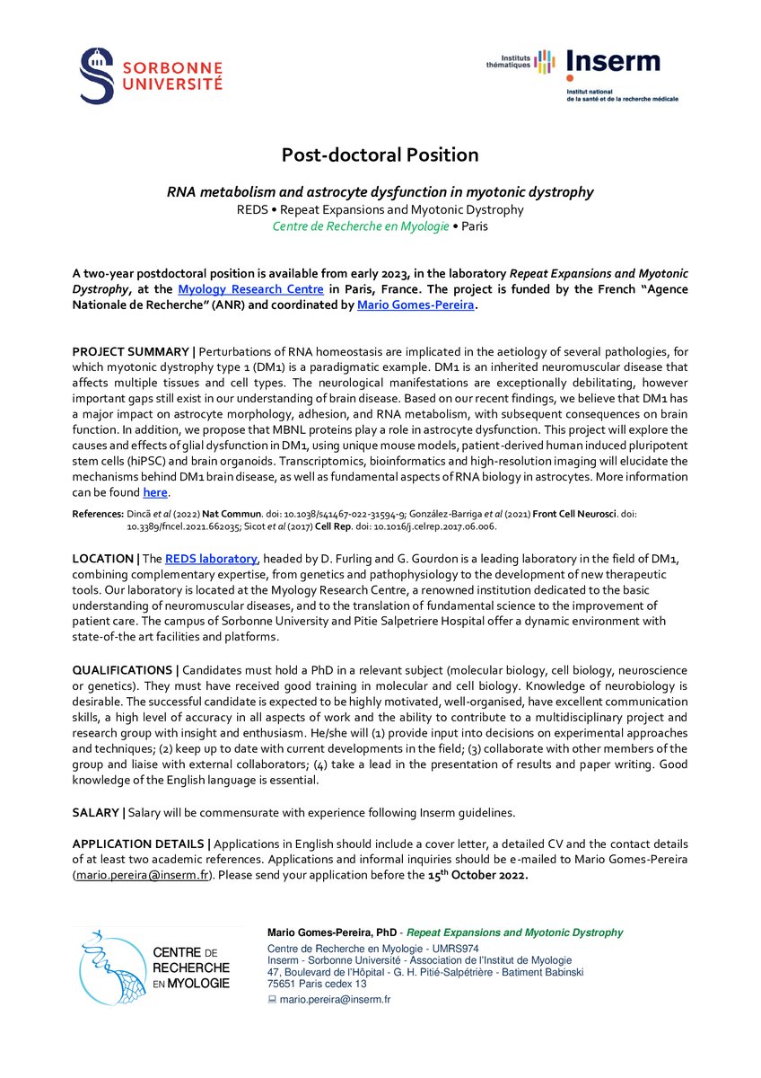 I am happy to announce a job opening in our lab. Come and join our group. We are waiting for you! 
Job description can be dowloaded here: institut-my.sharepoint.com/:b:/g/personal… #JobListing #JobOpening #Postdoc #Myotonic #RNA #Astrocytes  
<a href="/Inserm/">Inserm</a>
<a href="/researchmyology/">Centre of Research in Myology (UMRS 974)</a> 
<a href="/Inst_Myologie/">Institut de Myologie</a>
@MedecineSU