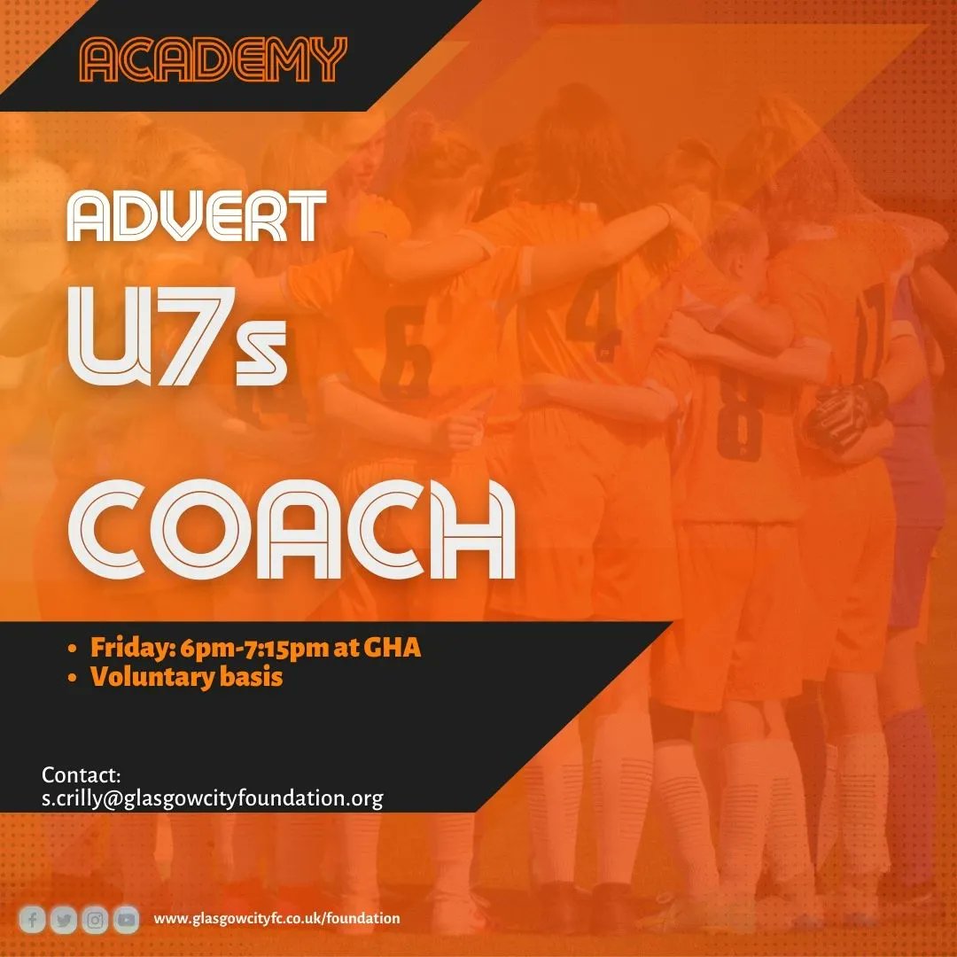 GlasgowCityFC's tweet photo. ℹ️ | U7s COACH

🔶 We are looking for a voluntary goalkeeper coach for our U18 Development squad! 
🔶Get in touch now with Academy Manager - Sarah Crilly. https://t.co/MJNIb0ds0B