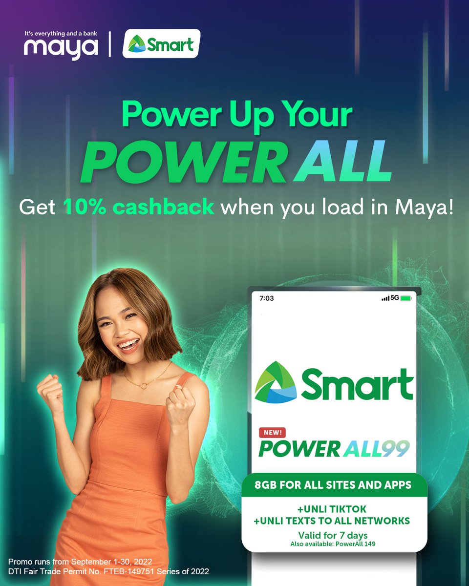 LiveSmart's tweet photo. Get powered up in Maya! Enjoy 10% cashback when you buy PowerAll 99 in Maya.  

PowerAll 99 comes with 8GB for all sites and apps, Unli TikTok, and Unli text to all networks. Also available for PowerAll 149. 

Buy now in Maya: https://t.co/QvedA62VUE https://t.co/W9mBDUrWKH