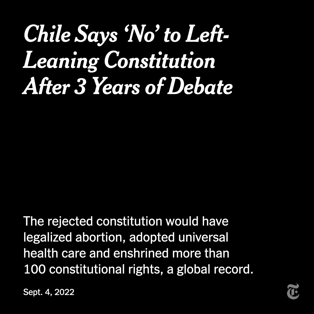nytimes's tweet photo. Voters in Chile on Sunday overwhelmingly rejected a sweeping, left-leaning Constitution that would have guaranteed a record number of rights.
https://t.co/MCrRf4mYCv https://t.co/S8mkBINait