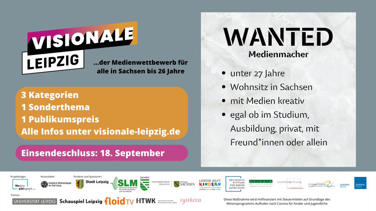 WANTED: junge Menschen mit Bock auf #Medien ! Ihr habt einen Film gedreht, ein Spiel programmiert oder wart sonst kreativ? Ihr wohnt in #Sachsen und seid unter 27 Jahre? Dann macht jetzt mit bei der #visionaleleipzig dem #medienwettbewerb