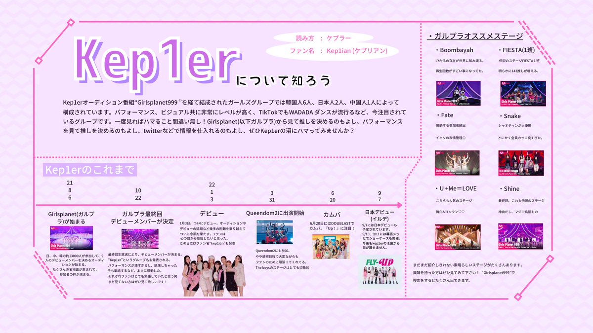 ta_mo_kep1er's tweet photo. CDTV見てkep1er気になった方へ
簡単な布教シートを作ってみました。
kep1erは本当に最高のグループです。
9/7には日本デビューもするので是非注目！！
#CDTVライブライブ #Kep1er @kep1er_jp @official_kep1er #FLY_UP #WingWing / Wing Wing / Daisy / Up! / WA DA DA https://t.co/vdeE7yhDts
