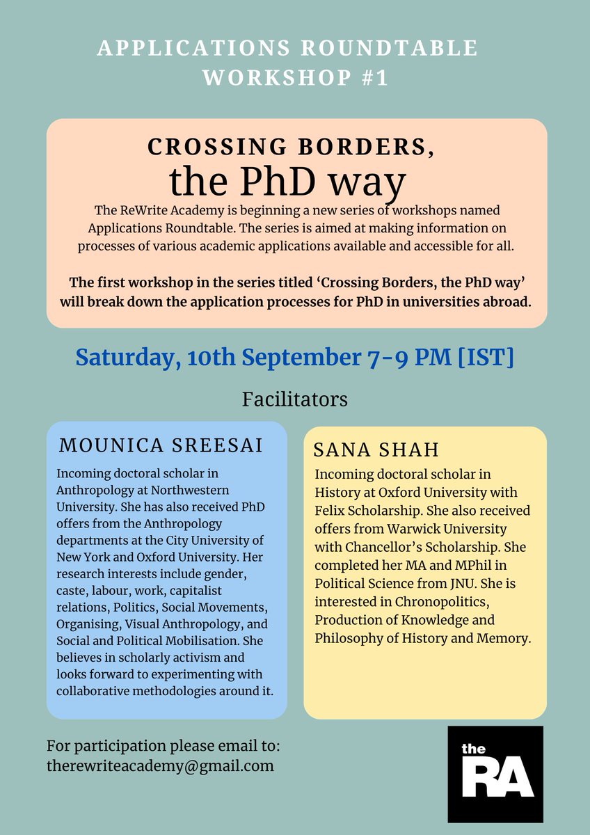 AcademyRewrite's tweet photo. We are back! Applications Roundtable is here. 
Crossing Borders, the PhD way. 

Email us if you'd like to be part of it. #TRAWorkshops https://t.co/QRAyGuvQv1