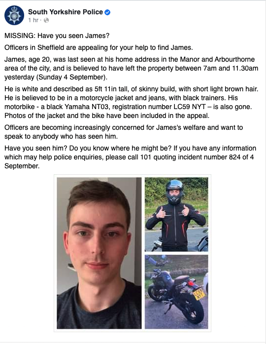 The brother of one of our riders has gone missing. If anyone's seen James please contact the police. 
m.facebook.com/story.php?stor…

#sheffield #helpsheffield #southyorkshire
