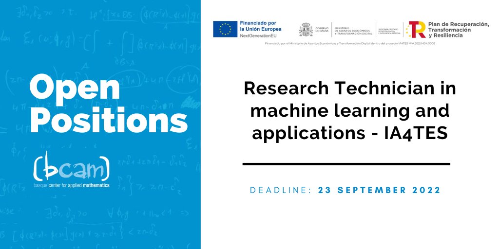 BCAMBilbao's tweet photo. 🔔 Extended deadline for #Joboffer #JobOfferBCAM!
#RT position to work with S. Mazuelas in #ML for energy forecasting in the framework of IA4TES - Inteligencia Artifical para la Transición Energética Sostenible project.
🗓️ Deadline: 23 September 2022
ℹ️ https://t.co/QWBVrsTOnG https://t.co/sg6kl02UOw