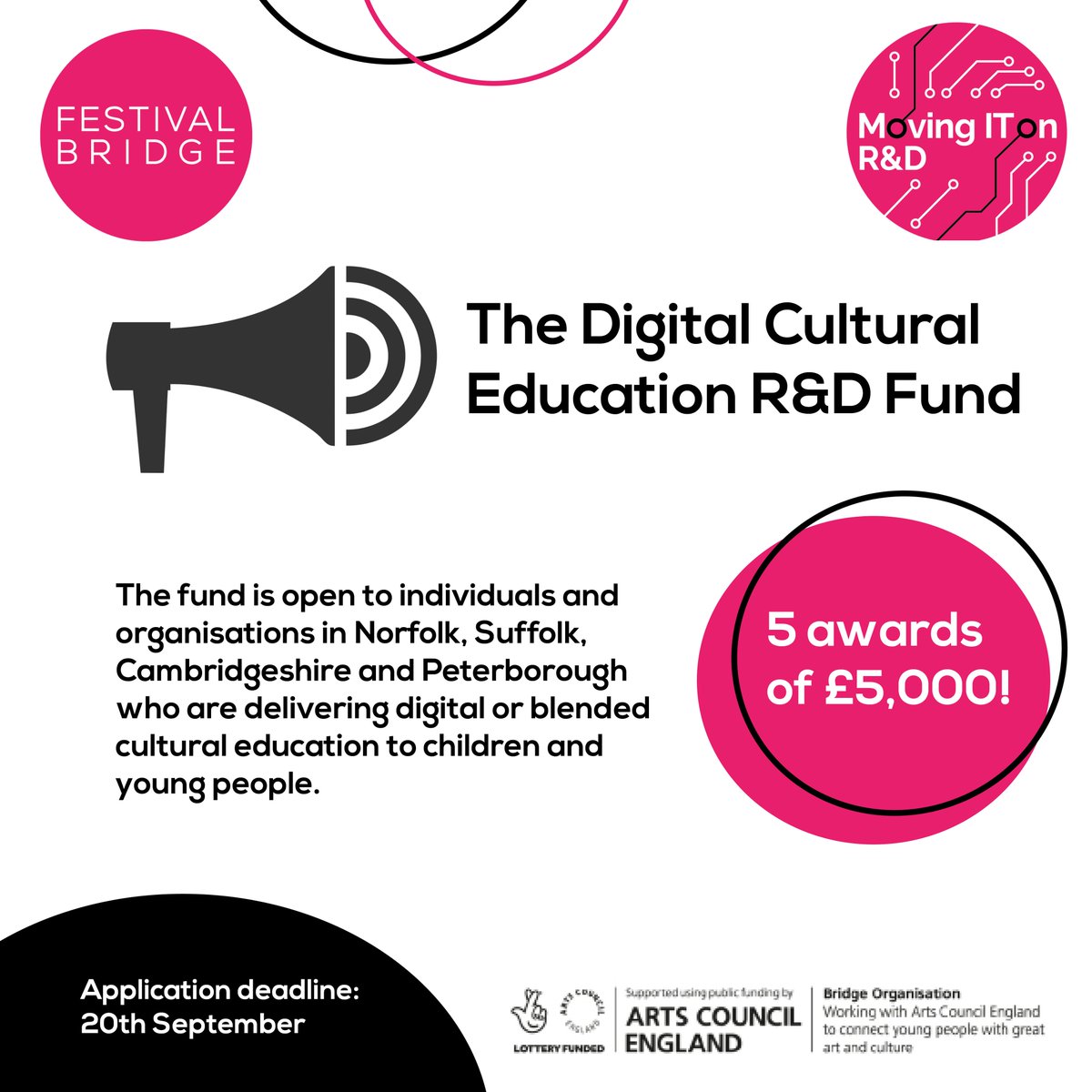 NNFestCC's tweet image. Arts funding opportunity!📣⁠
⁠Open to individuals and organisations in Norfolk, Suffolk, Cambridgeshire, and Peterborough who are delivering digital or blended cultural education to children and young people.
Application Deadline: 20 Sept
Find out more: nnfestival.org.uk/festival-bridg…