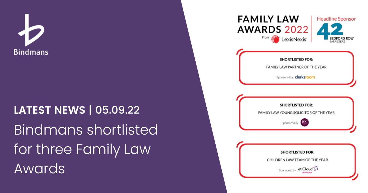 BindmansLLP's tweet photo. We are pleased to announce that our Family and Matrimonial team have been shortlisted for three awards in this year's @LexisNexisUK Family Law Awards

Find out more about our #FamilyLawAwards shortlists here: https://t.co/mDUTUaA7To https://t.co/6gAZaKwbl8