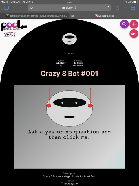_ThisCr8zyLife_'s tweet photo. 1/2
๐ขThe Discord private sale for Crazy 8 Bot is over. The last 13 are now available for all.
Fully onchain interactive JavaScript based yes or no question answer bot. He's sarcastic, has a good sense of humor, and likes to get high.
8โณ for Refresh hodlers 20โณ without.
Addy๐ https://t.co/DNbikCdUlA