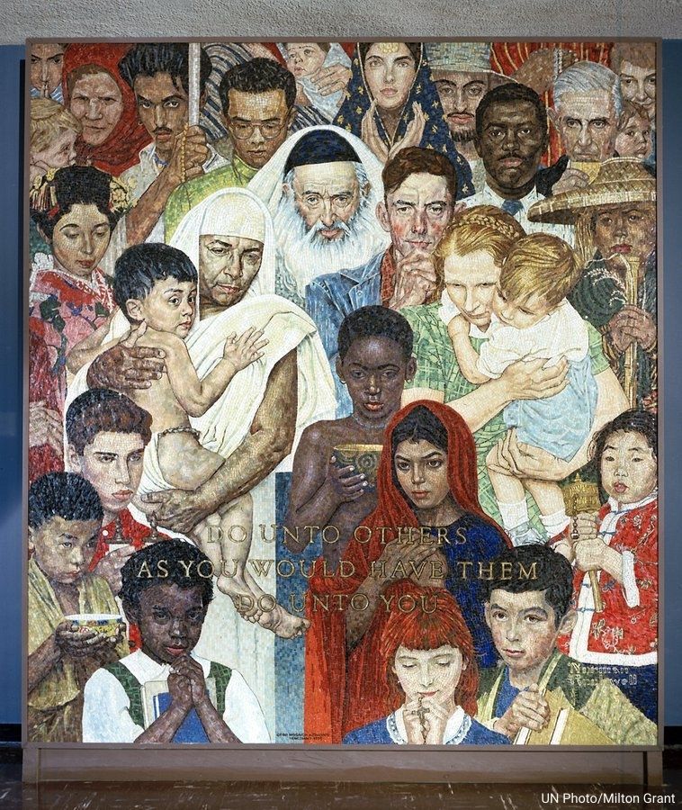 UNGeneva's tweet photo. “Do unto others as you would have them do unto you.” 

The 'Golden Rule' mosaic, based on a painting by US artist Norman Rockwell, is displayed at @UN HQ in New York. 

Today is the International Day of Charity.
#CharityDay https://t.co/8niXbnV9dW