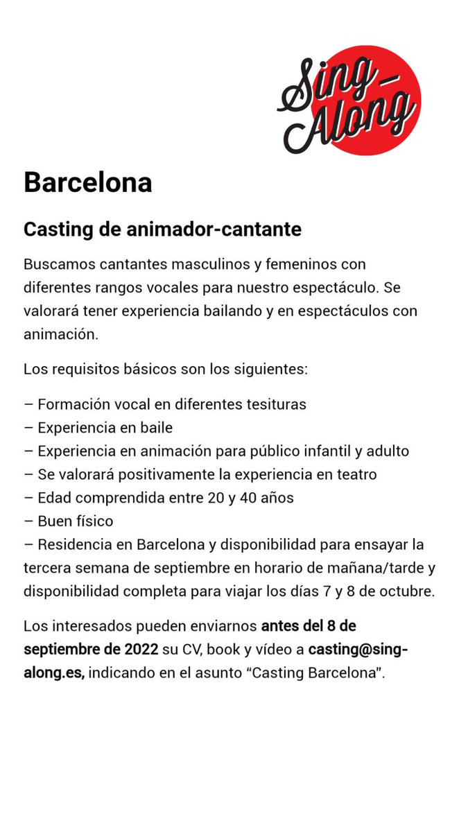 Abrimos #casting para animadores-cantantes en #Madrid y #Barcelona ¡Os esperamos! sing-along.es/casting/