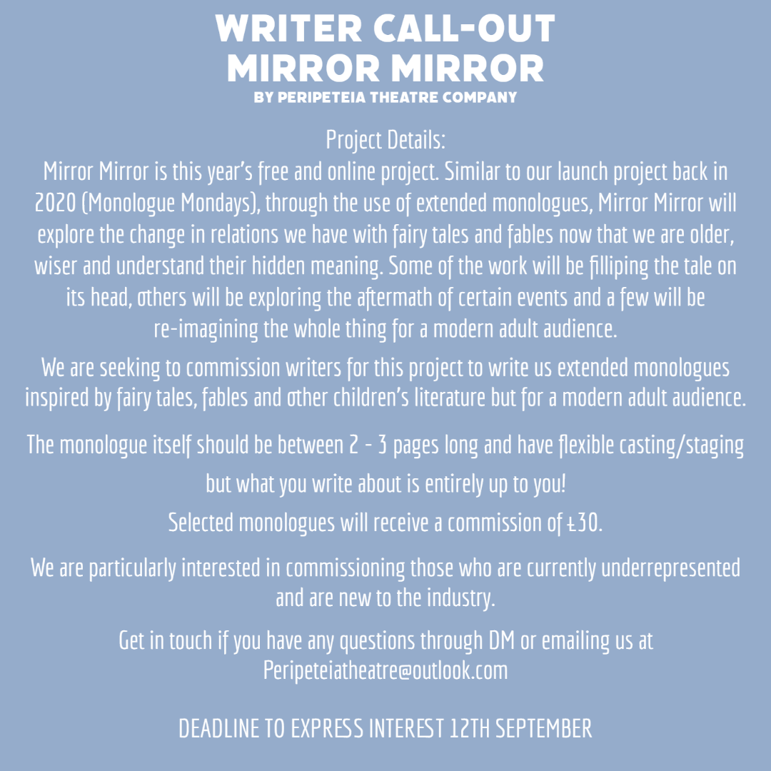 📣WRITER CALL OUT PAID OPPORTUNITY📣

Full details in the post!

Selected monologues will receive a commission of £30.

We are particularly interested in commissioning those who are currently underrepresented and are new to the industry.

DEADLINE TO EXPRESS INTEREST 12TH SEPT
