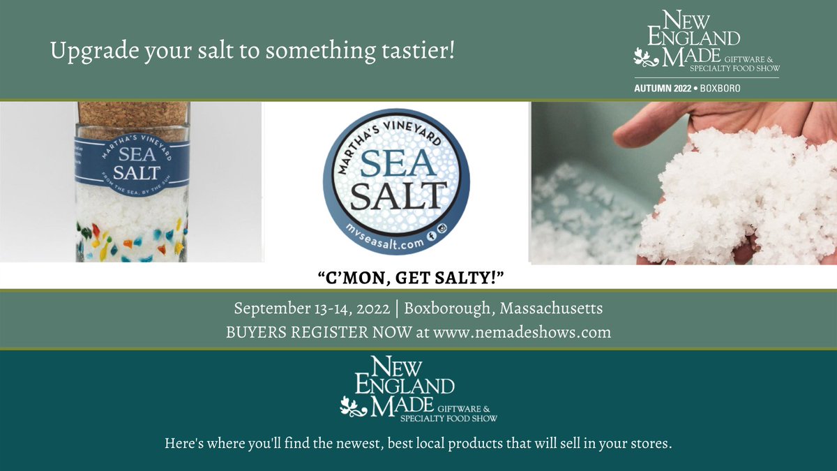 NEmadeshows's tweet photo. Don't miss Martha’s Vineyard Sea Salt &amp; their delicious salts on September 13-14, 2022 at this years New England Made Giftware &amp; Specialty Food Show in Boxborough, Massachusetts. For more information visit https://t.co/WZeWmFwz8T &amp; register today! #nemadeshows #nemade https://t.co/O6HEp7vgxw