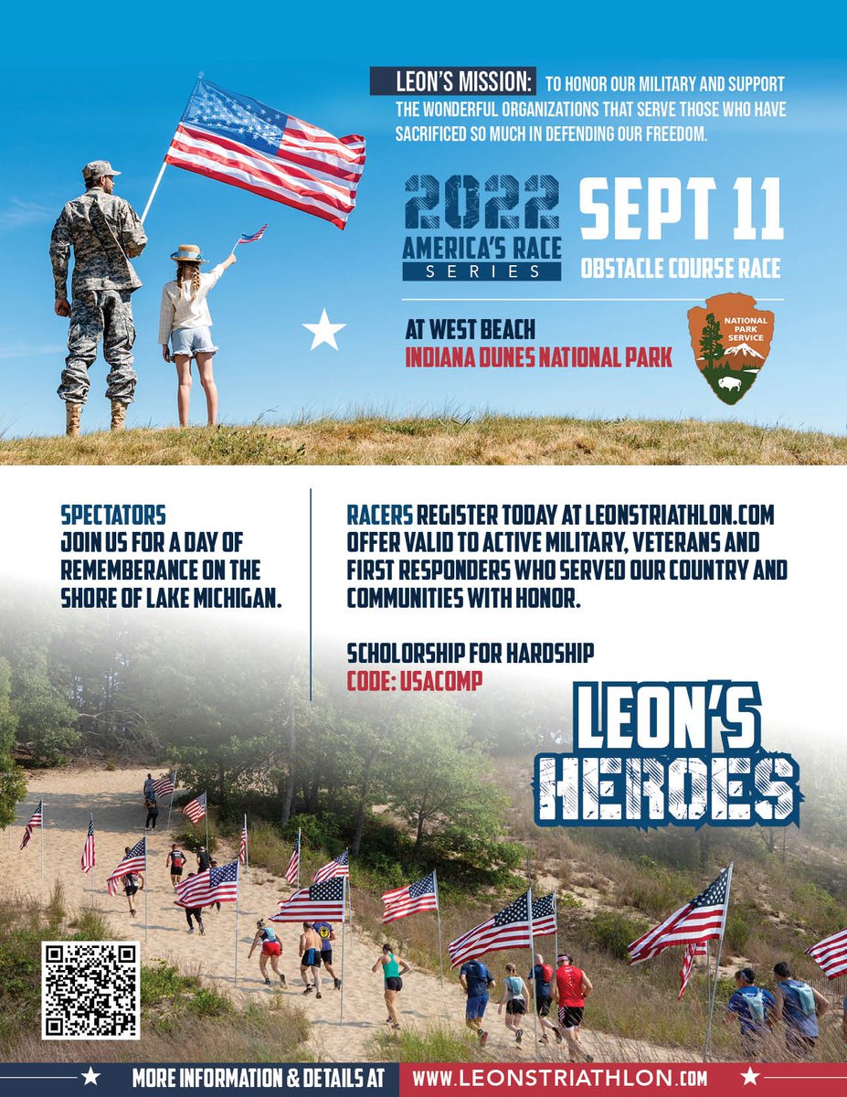 Veteransindiana's tweet photo. Reminder! The Leon's Heroes 2022 Obstacle Course Race is Sept. 11. See flyer for details and use code: USACOMP to apply for a hardship scholarship. Scan the QR code to register today. Want to know more about your State Veteran Benefits? Text VET to 55433 #vetconnect https://t.co/nFff0tdokX