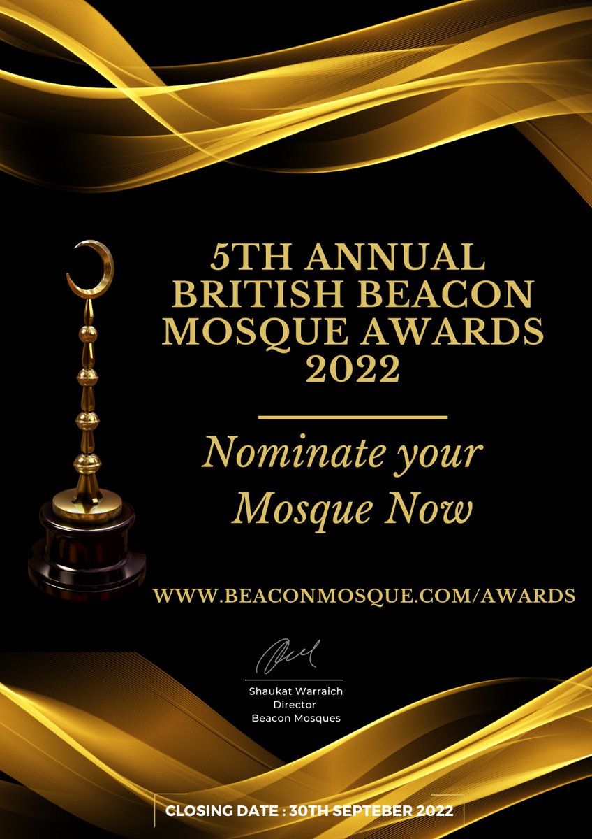 BeaconMosque's tweet photo. π 5th Annual British Beacon Mosque Awards 2022
πThe #BBMA2022 is returning for a 5th consecutive year, hundreds of nominations are being submitted from the community celebrating the excellent work of Mosques across the UK.
β‘οΈNOMINATE: https://t.co/M7Xf52SUbO
#MosqueAwards https://t.co/vEwsSmZmc6