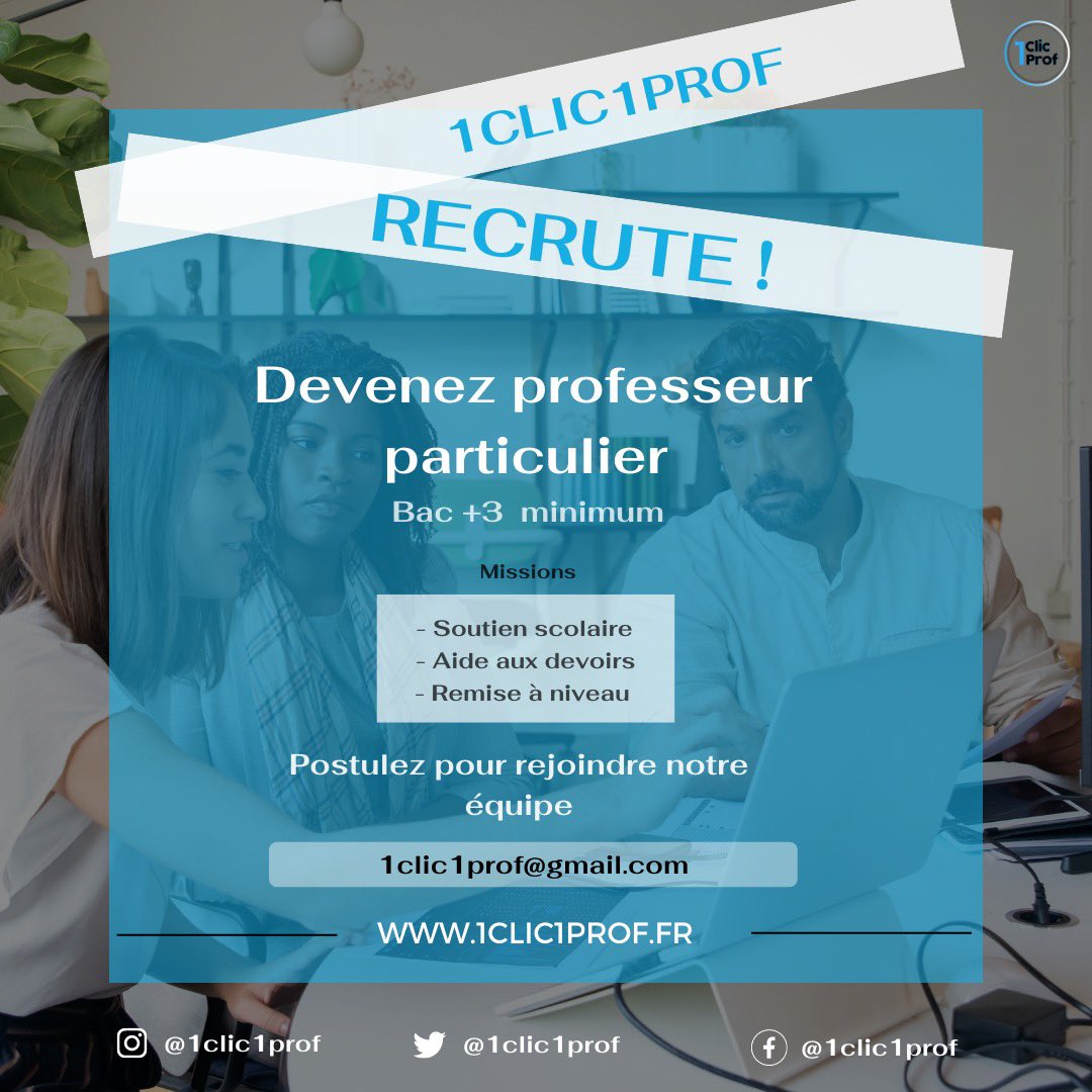 1clic1prof's tweet photo. ‼️1clic1prof recrute‼️

✨Rejoignez notre équipe de professeurs qualifiés✨

#Recrutement #professeurparticulier #aideauxdevoirs #Rentree2022 #RentreeScolaire #professeur #OffreEmploi https://t.co/AipXpb0wCo